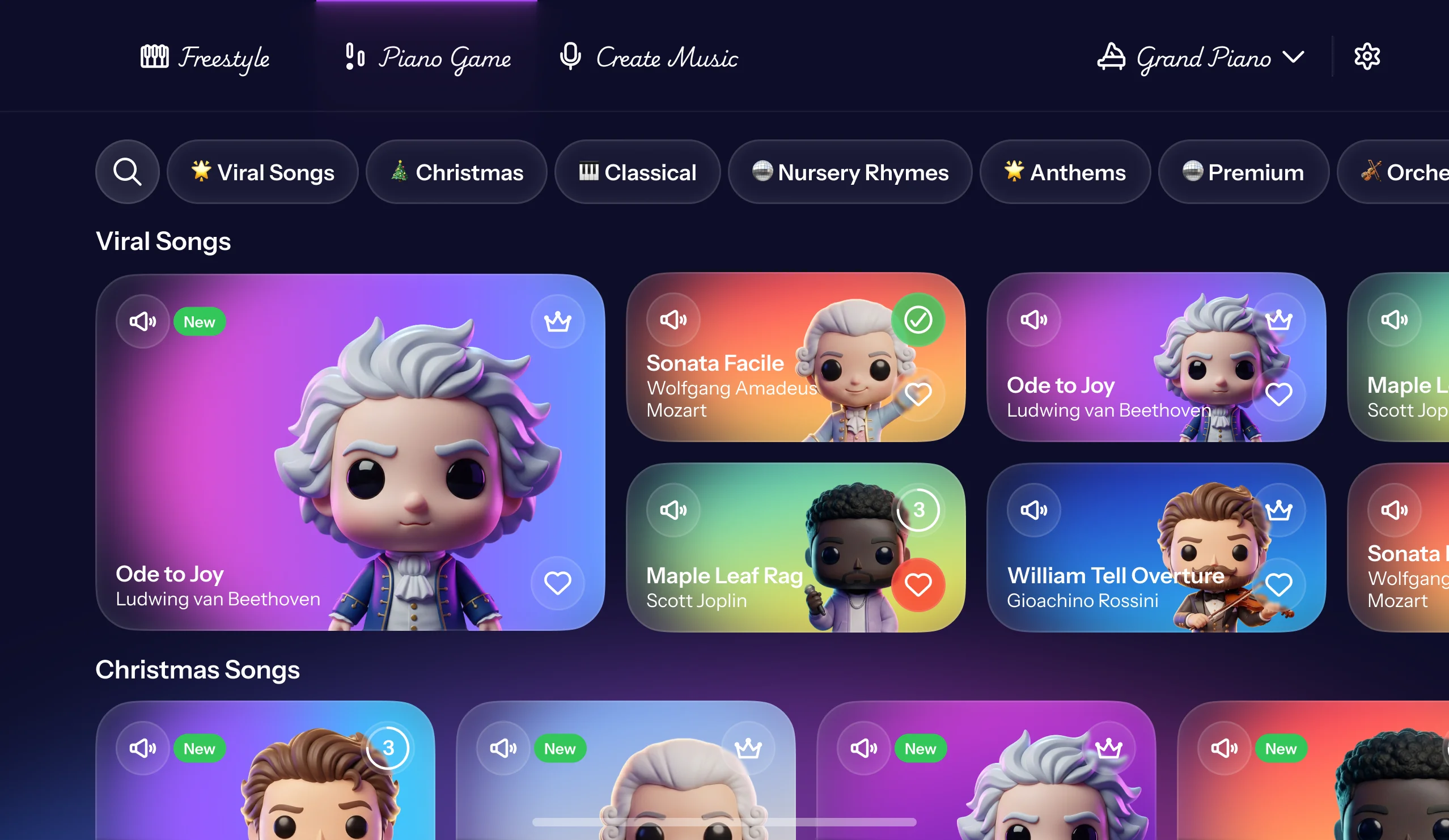Piano Aura song catalog showing colorful 3D character cards for classical composers like Mozart, Beethoven, and Rossini