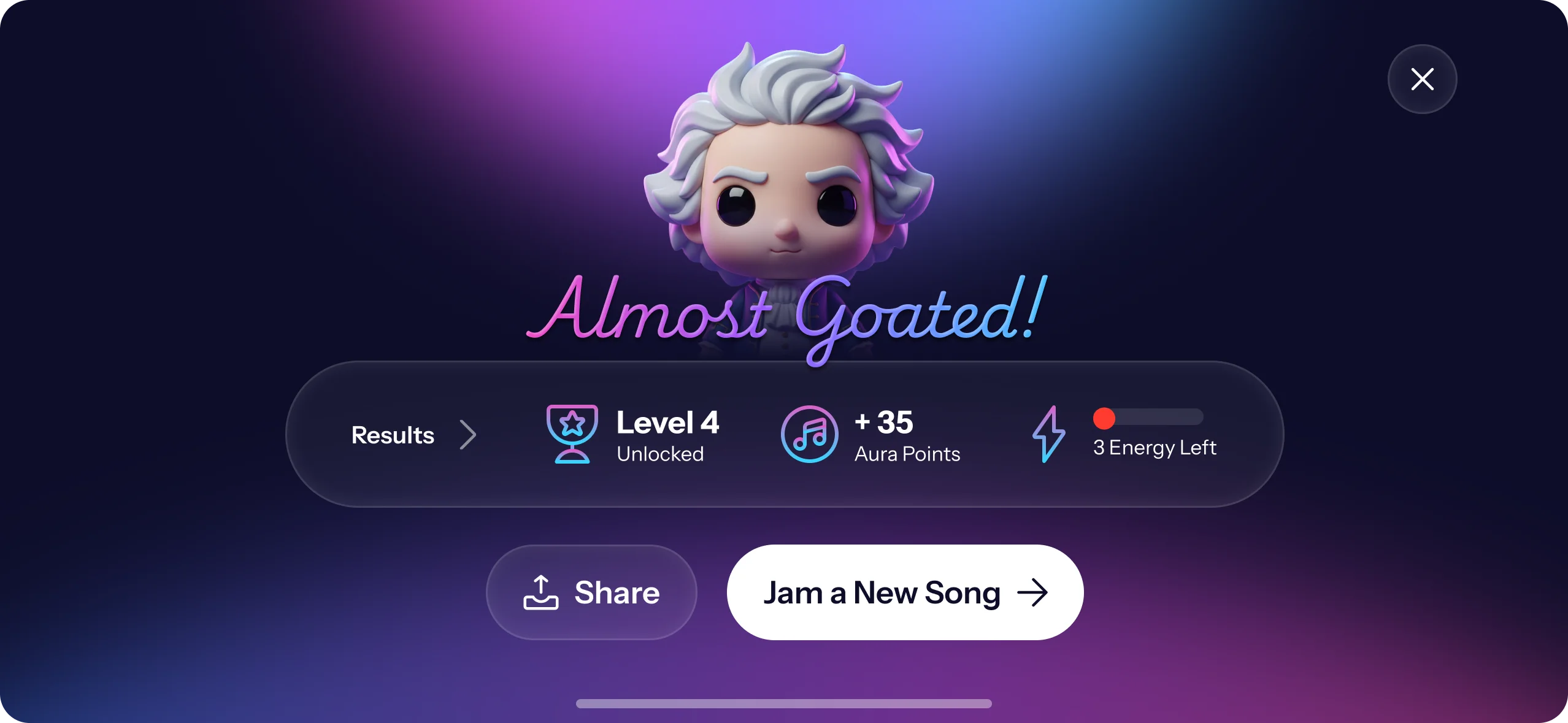 Piano Aura performance results screen showing score, achievements, and share options